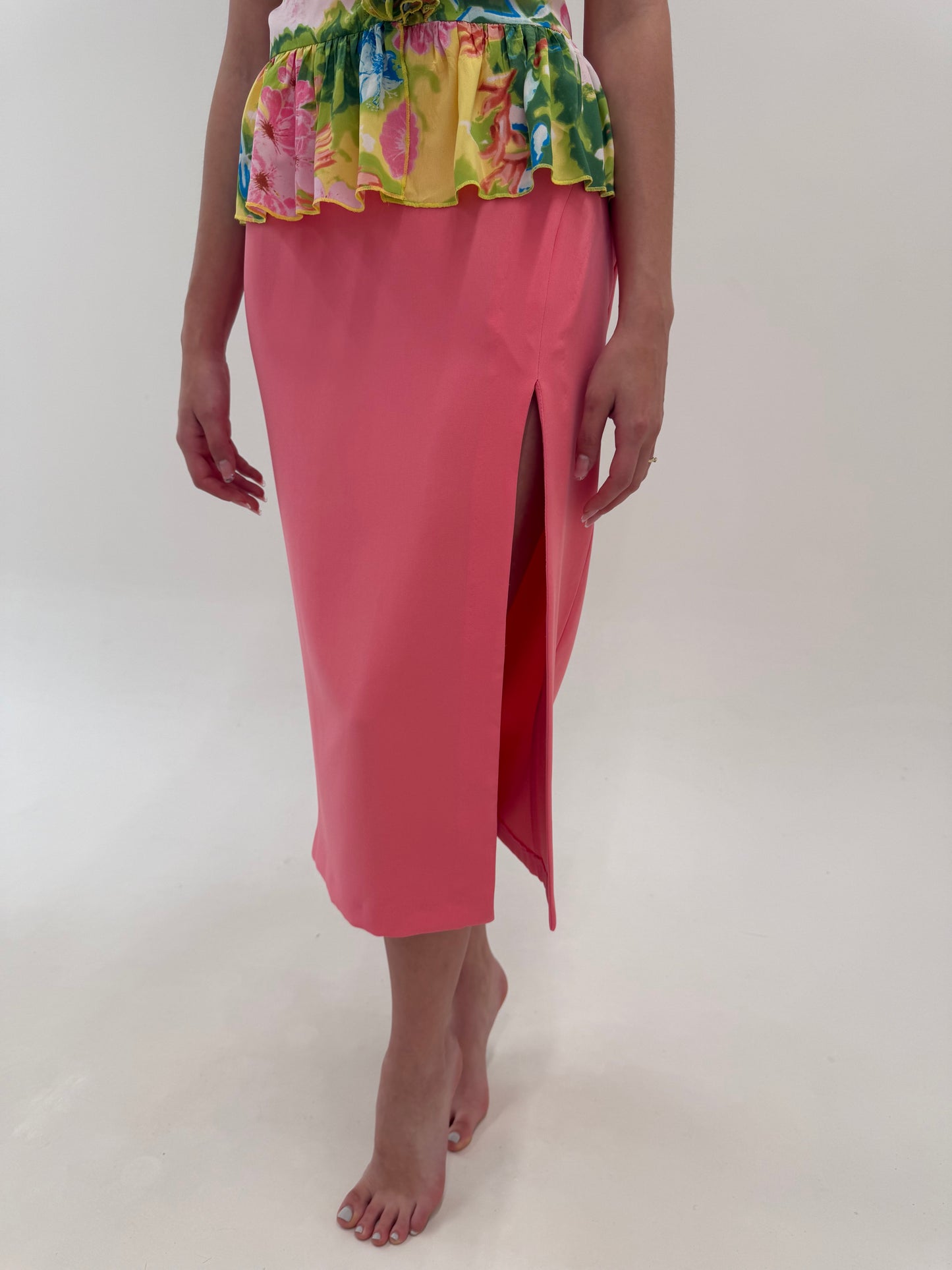 Fustă maxi creion flamingo pink cu clor adânc din crepe modelator