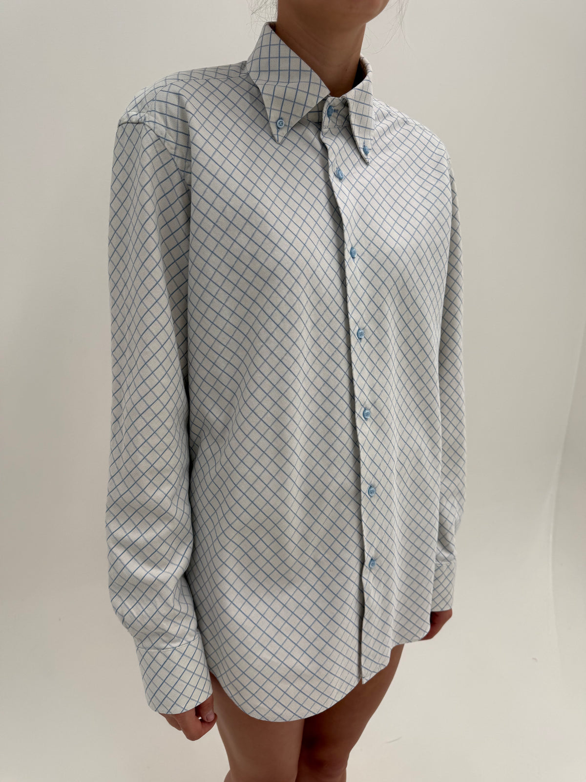 Cămașa luxury Rocco Barocco din bumbac gros basket weave în romburi baby blue