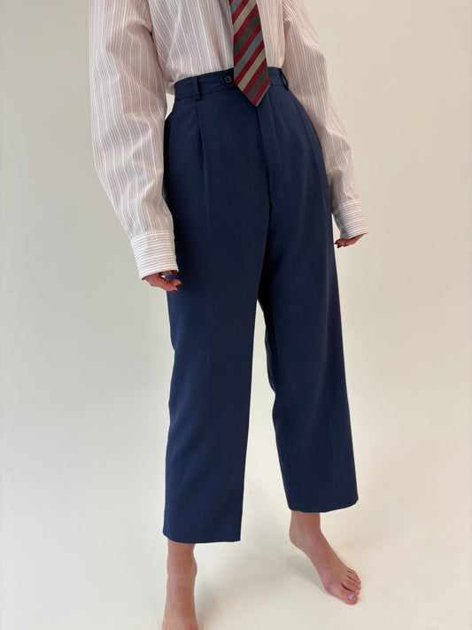 Pantaloni Navy cu talie ultra înaltă și pense din stofita