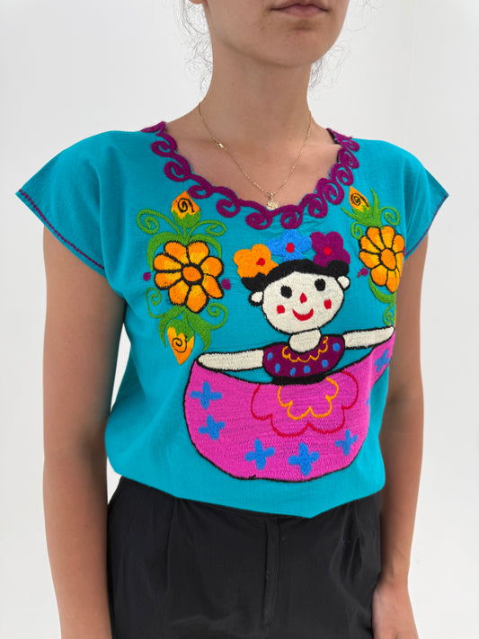 Top vintage din pânză de in și bumbac cu broderie manuală superbă ludică
