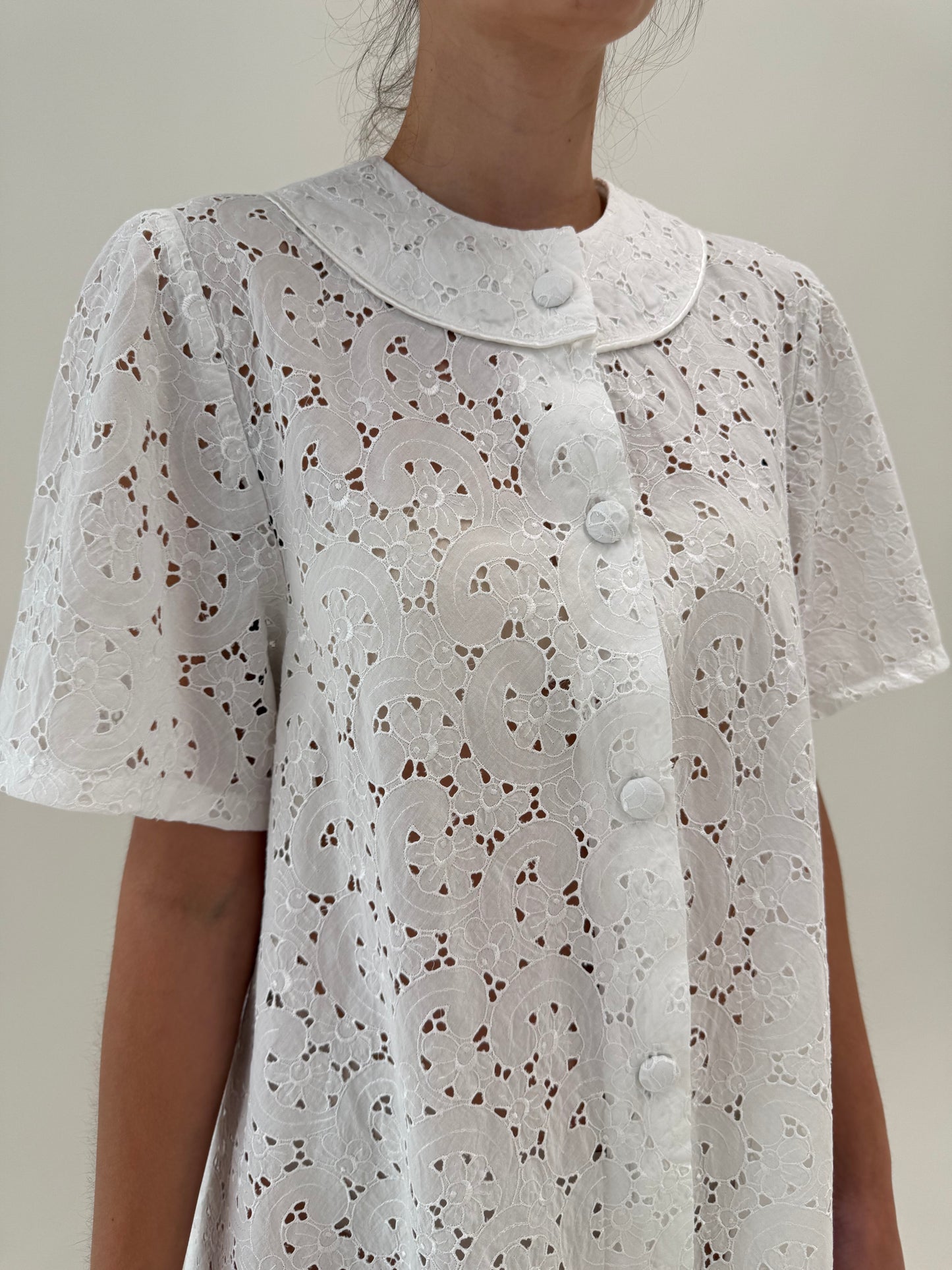 Rochie vintage italiană în croi A-line din bumbac luxury integral cu broderie anglaise
