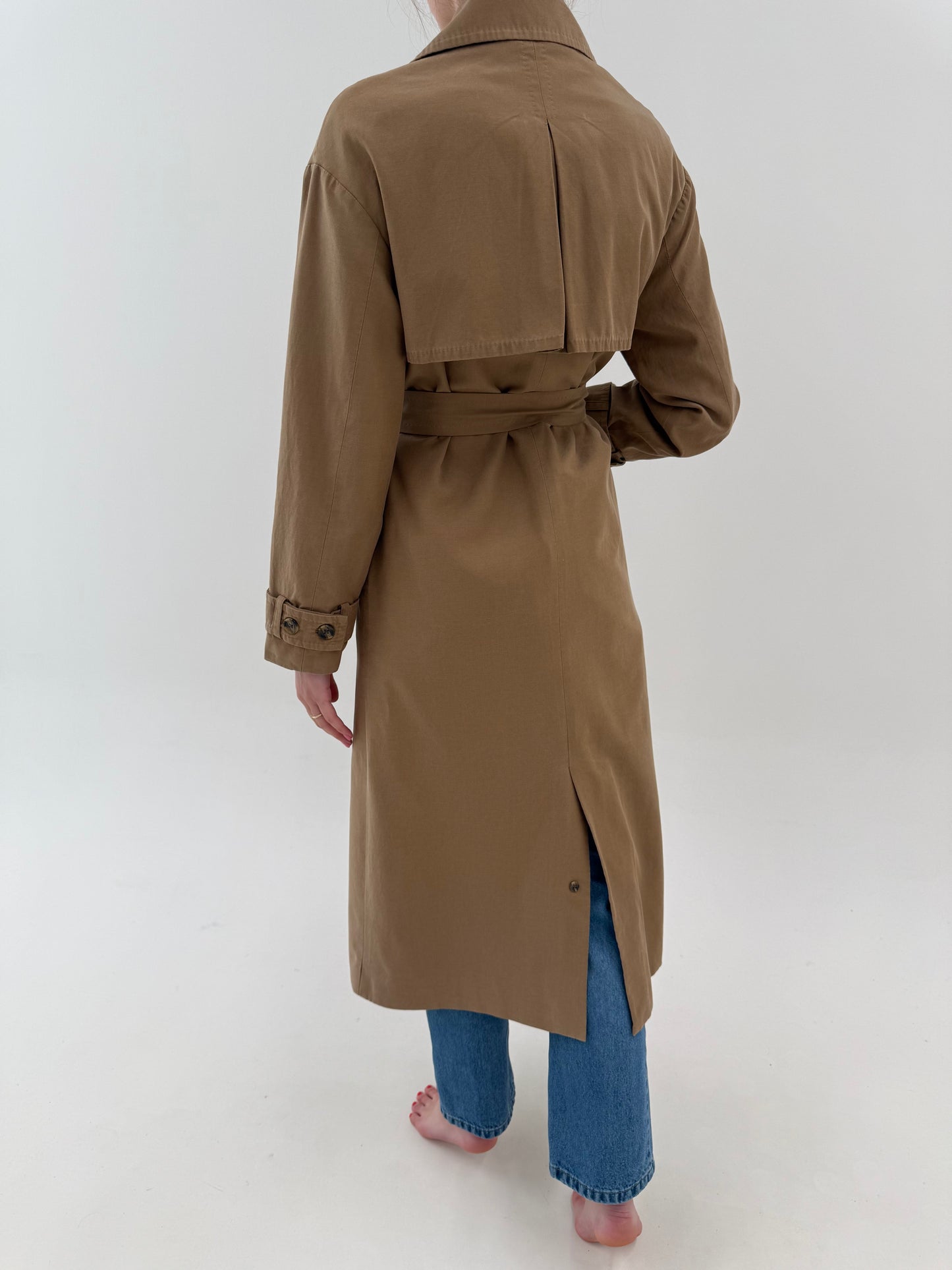 Trench în croi lung din gabardină moale de bumbac cu talie reglabilă