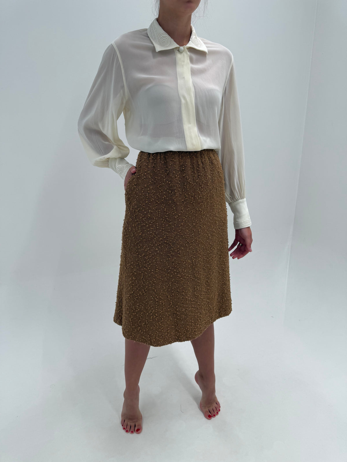 Fustă vintage camel din tricot texturat superb midi cu buzunare