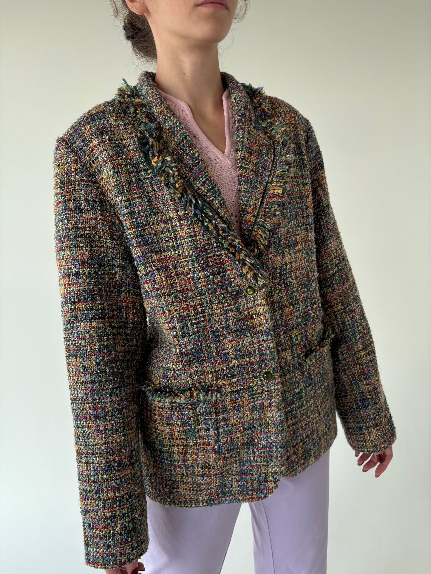 Sacou vintage in stil Chanel din tweed curcubeu