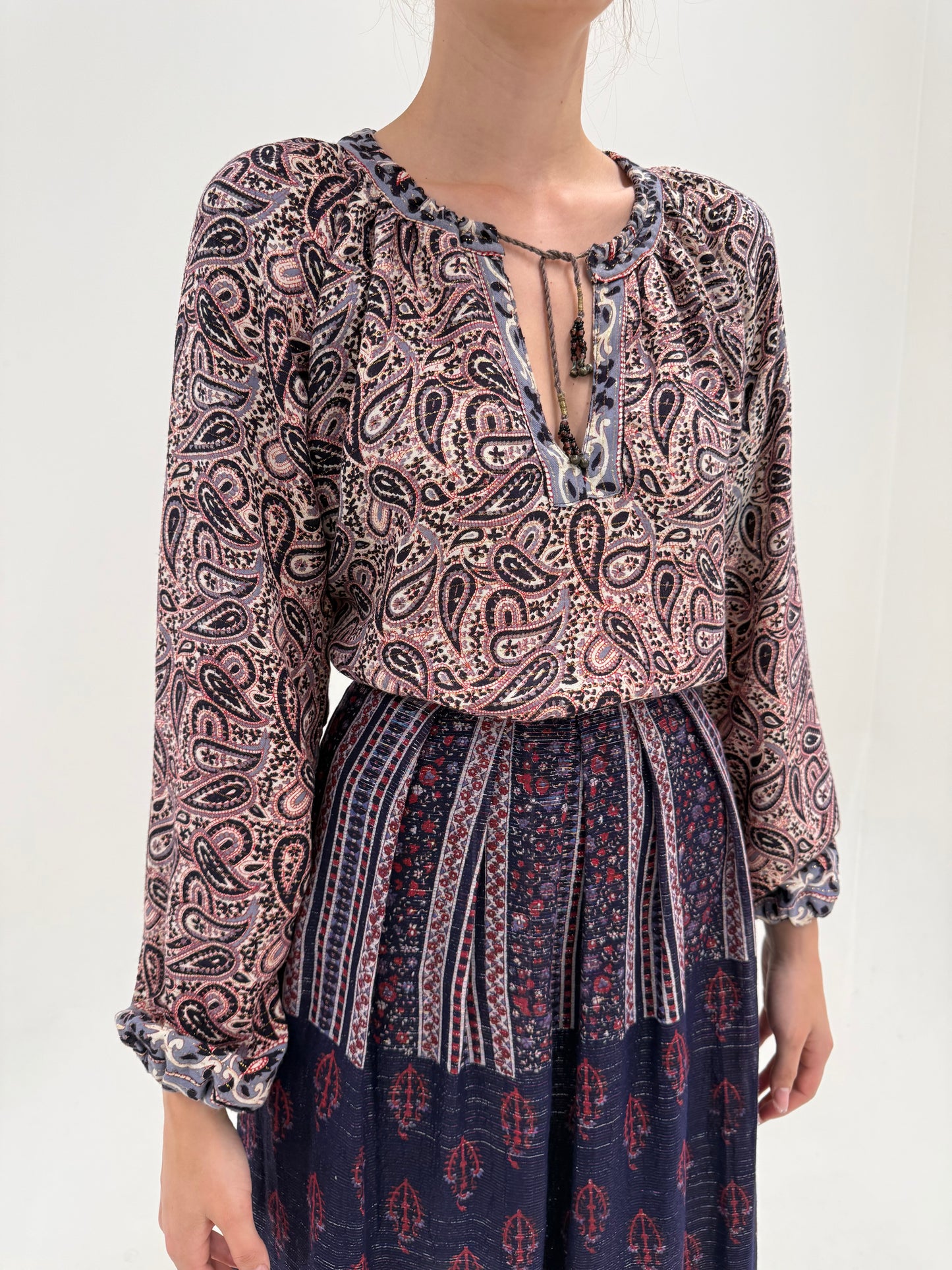 Tunica cu print paisley din panzica cu inserții extrafine de lurex rose gold