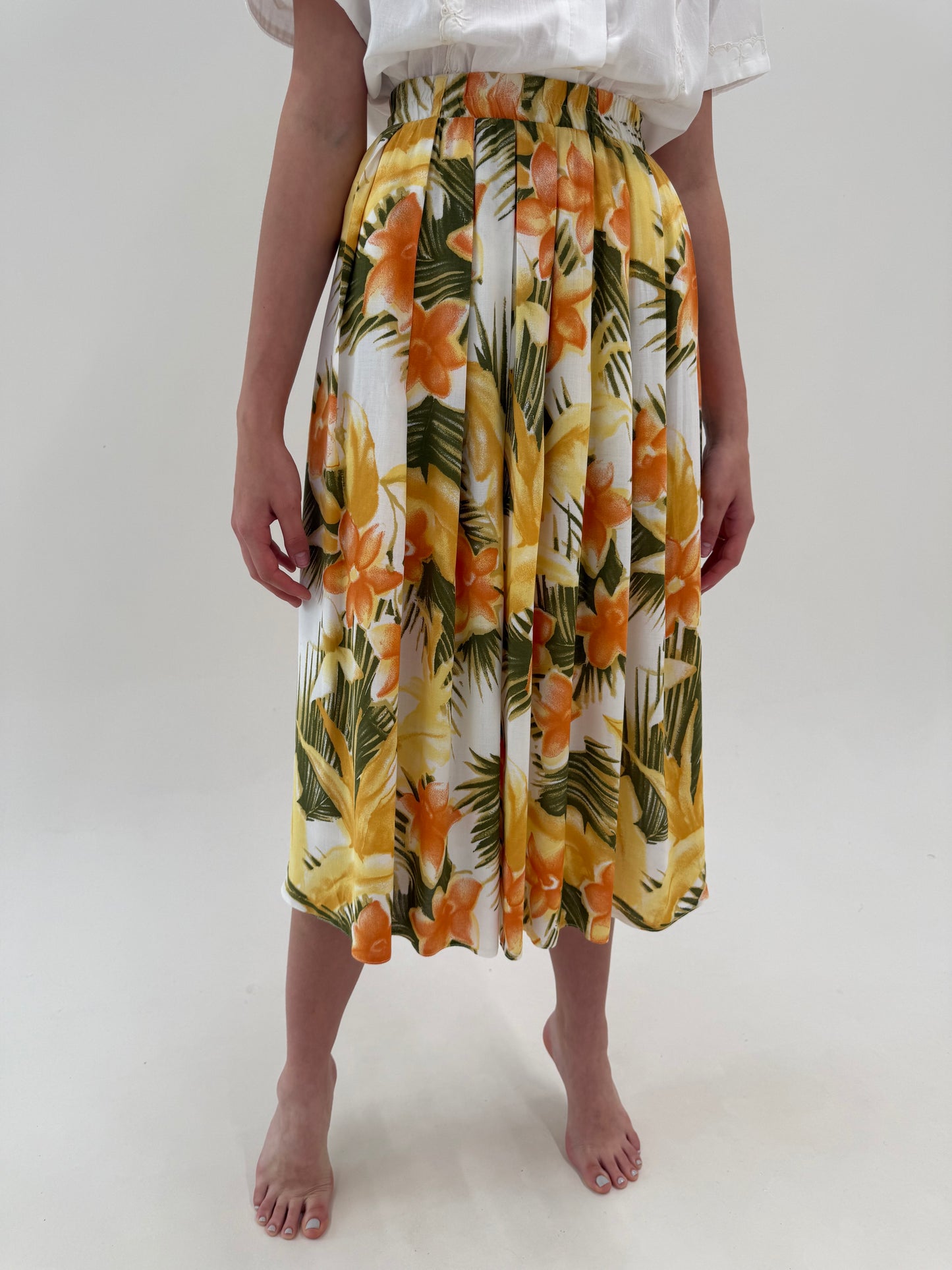 Fustă vintage plisată cu print organic superb cu talie ultra înaltă elastică