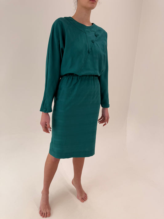 Rochie vintage dark teal italiana cu talie ultra înaltă marcată elastică