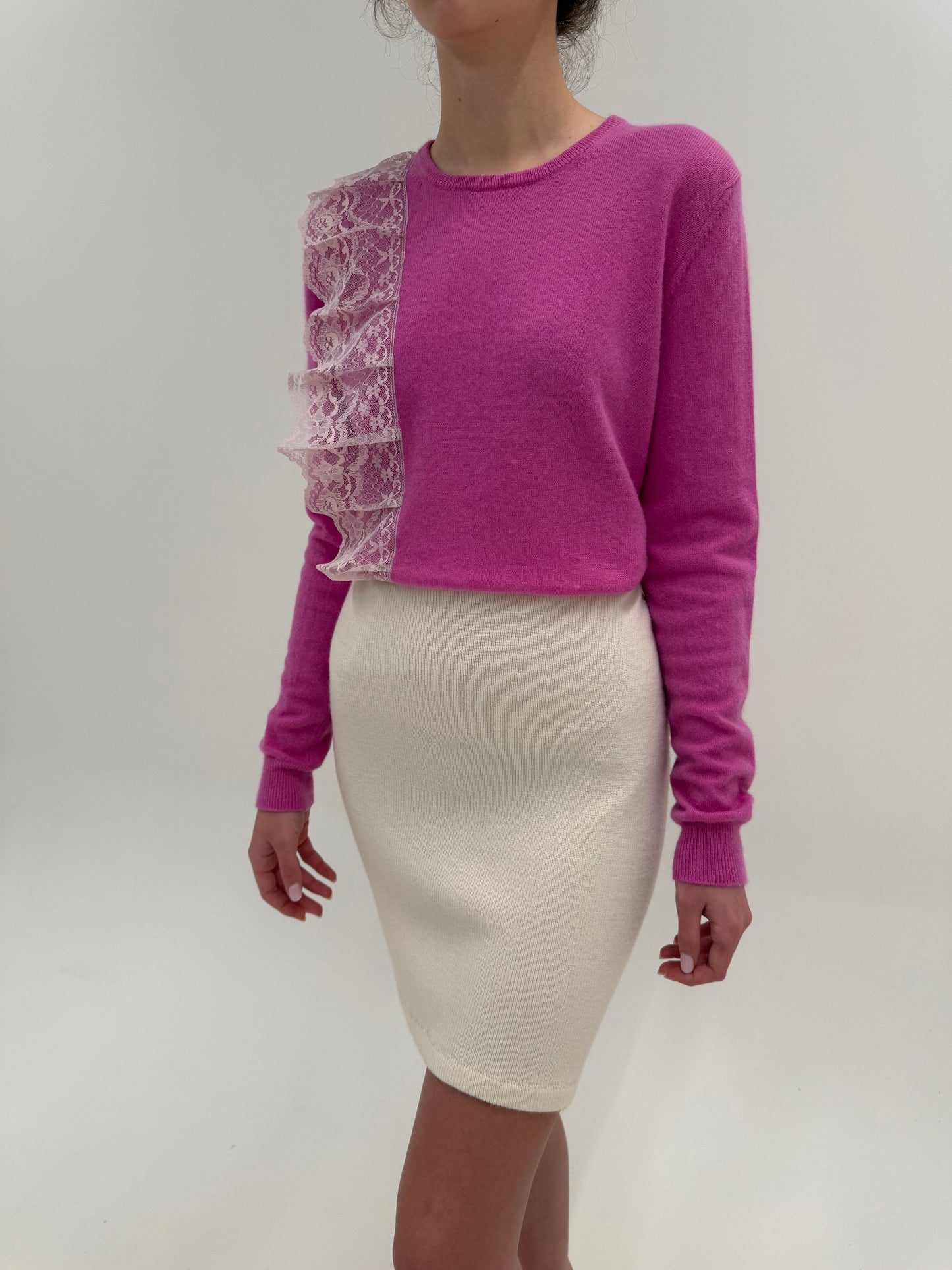 Fustă italiană butter white din tricot de lana merino extrafina de gramaj mare