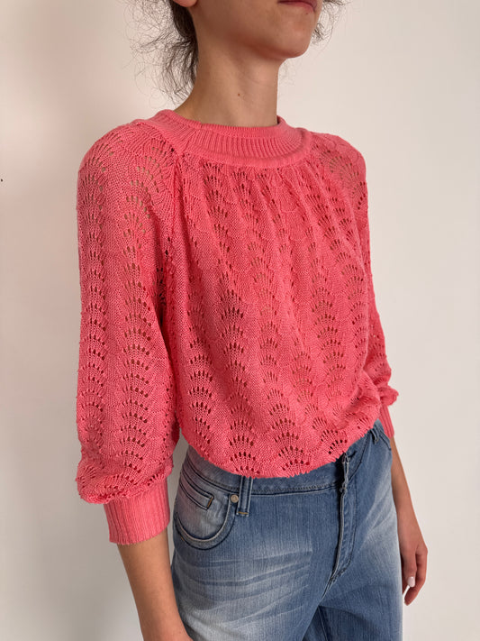 Top vintage salmon pink din jerse dantelat