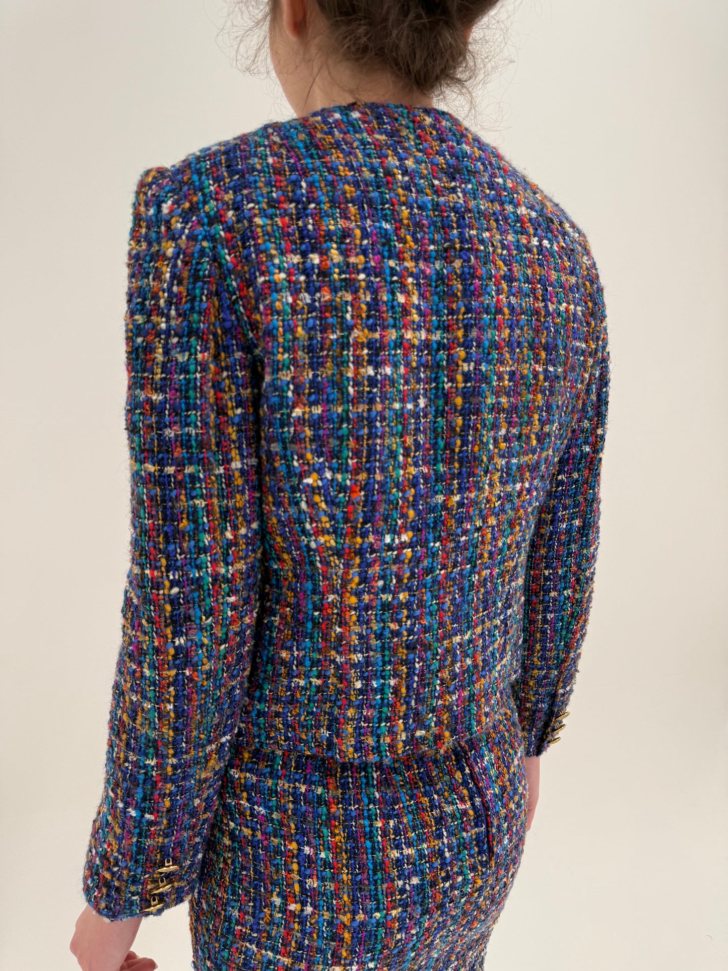 Set vintage in stil Chanel din 3 piese din tweed superb multicolor