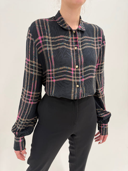 Cămașa neagră italiană din mătase naturală în carouri