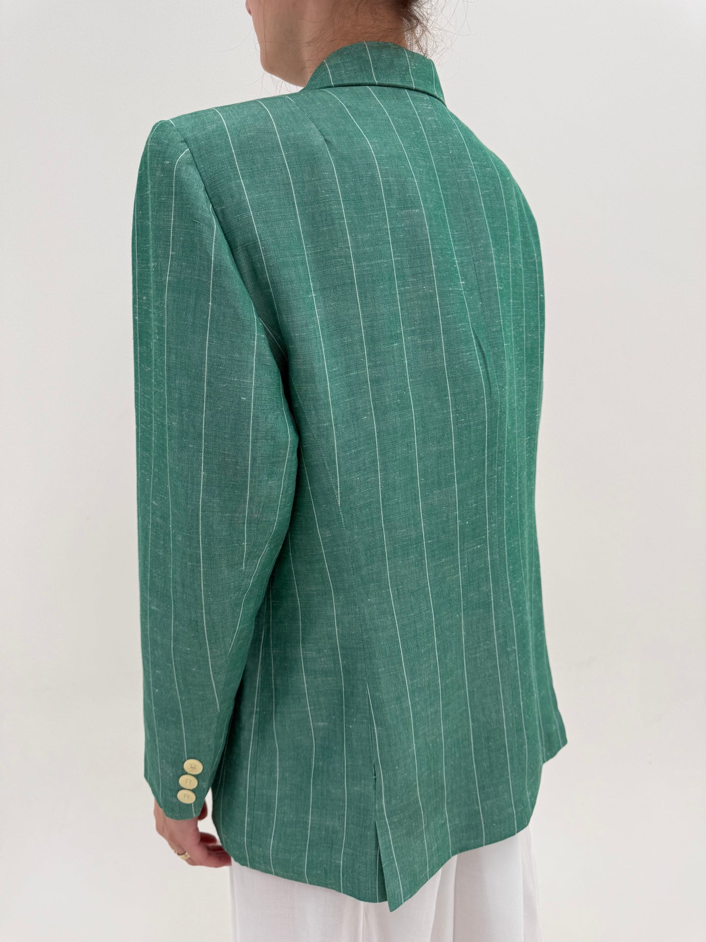 Sacou italian emerald green în dungi fine verticale din pânză
