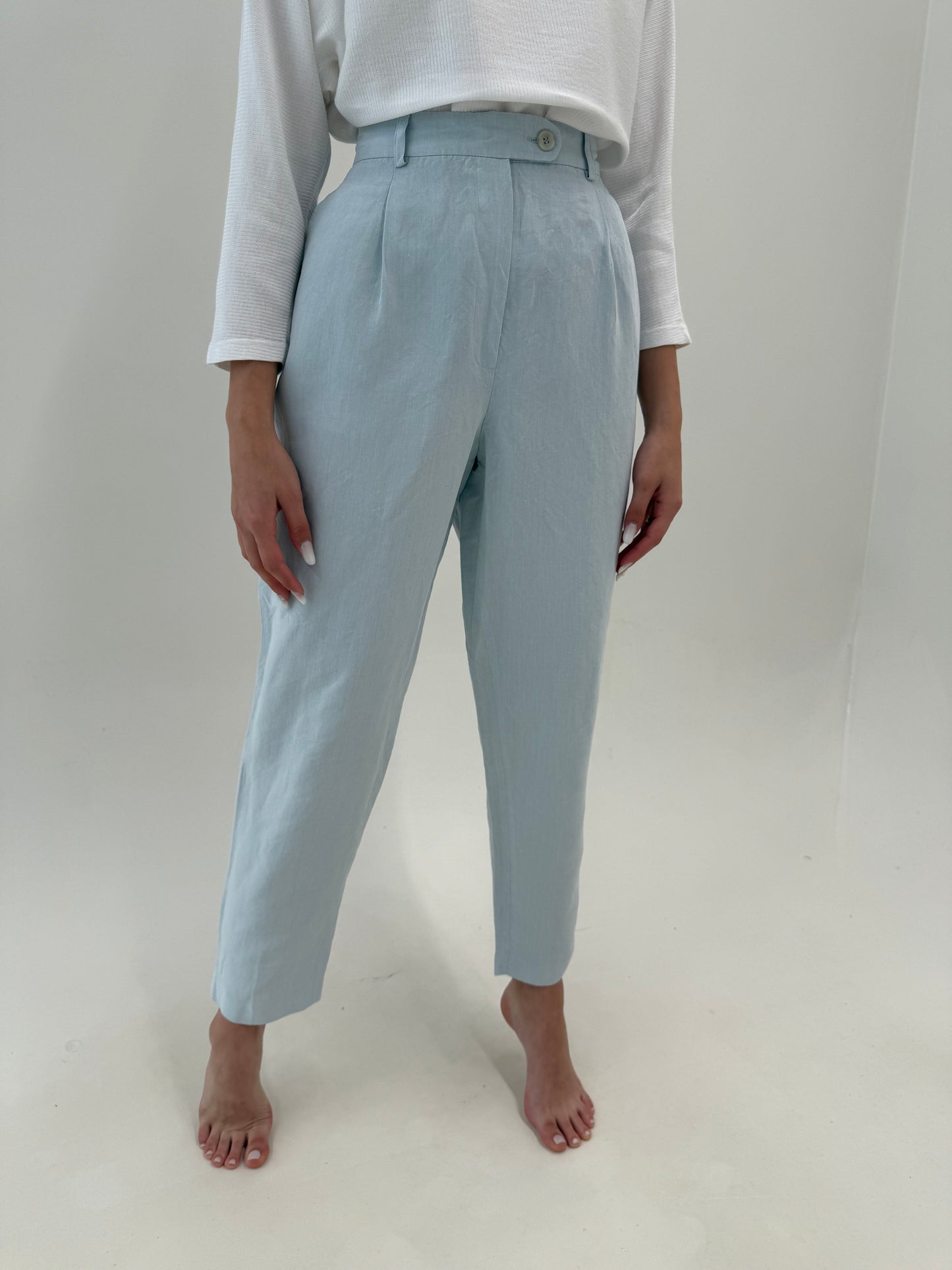 Pantaloni tall baby blue din pânză de in și vascoza cu talie ultra înaltă