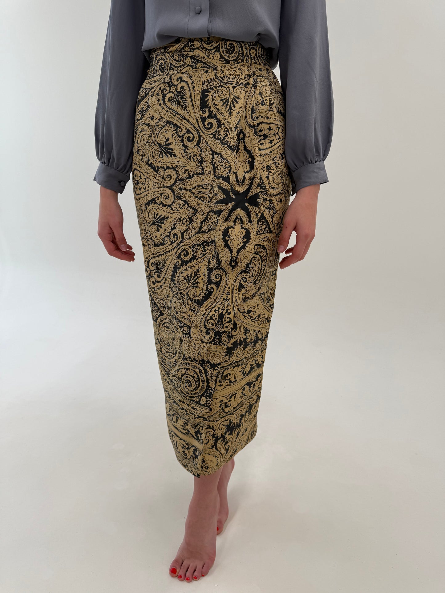 Fustă maxi petrecută din mătase naturală cu print paisley camel