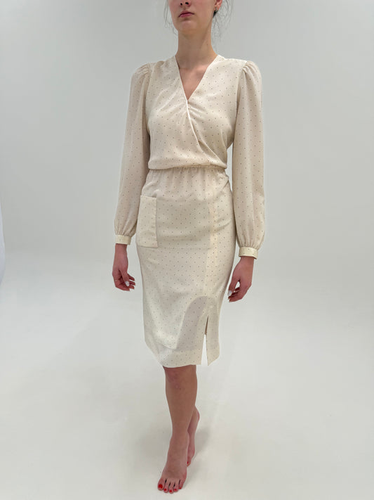 Rochie vintage de designer italian din mătase naturală butter white cu buline