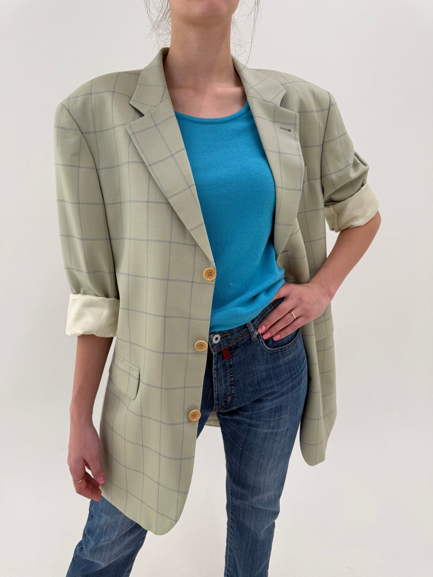 Sacou luxury Guy Laroche light green în carouri fine jeans blue