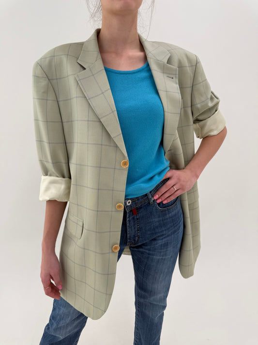 Sacou luxury Guy Laroche light green în carouri fine jeans blue