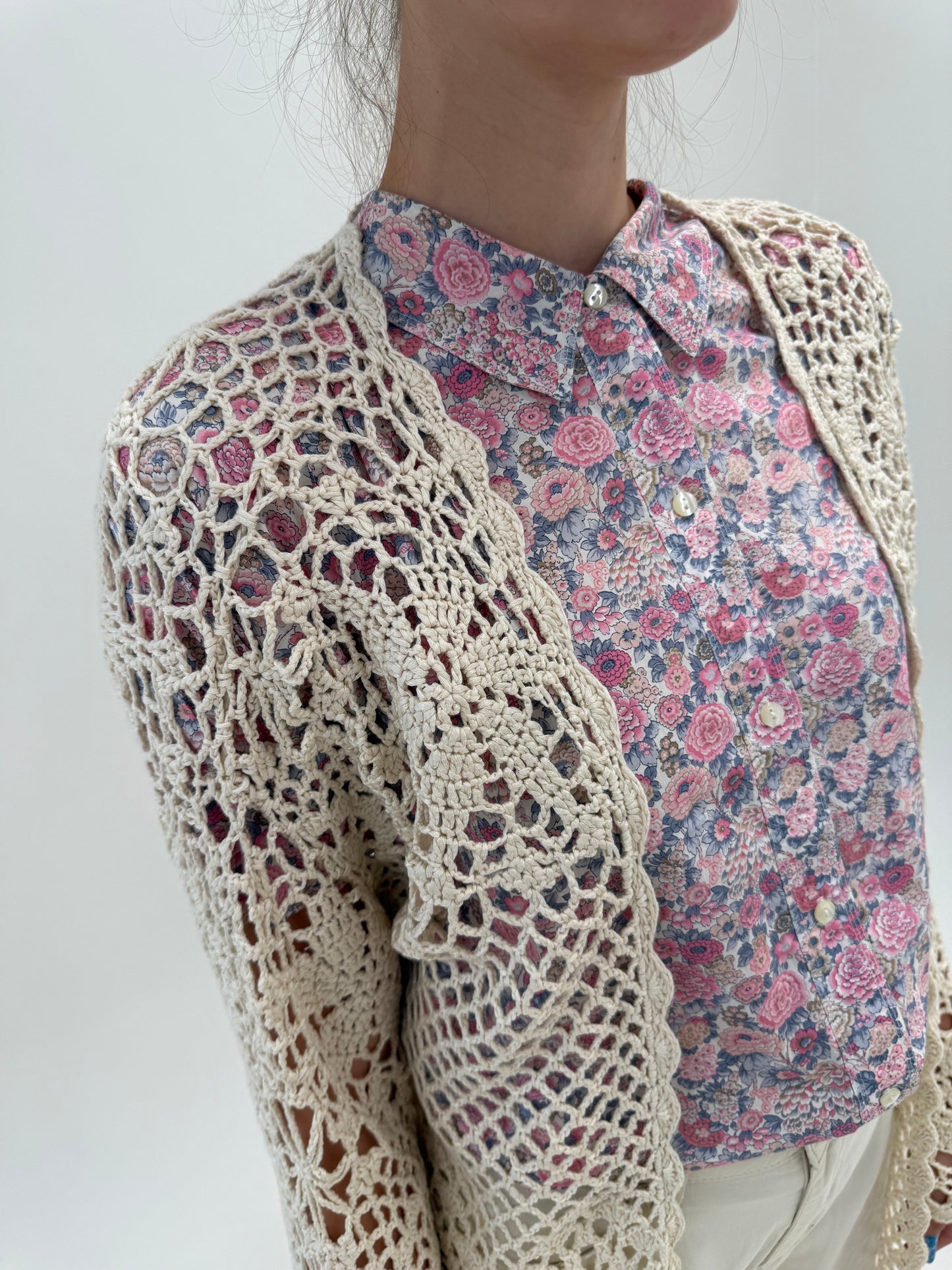Cardigan lung din macrame de ham ca lucrat manual butter white