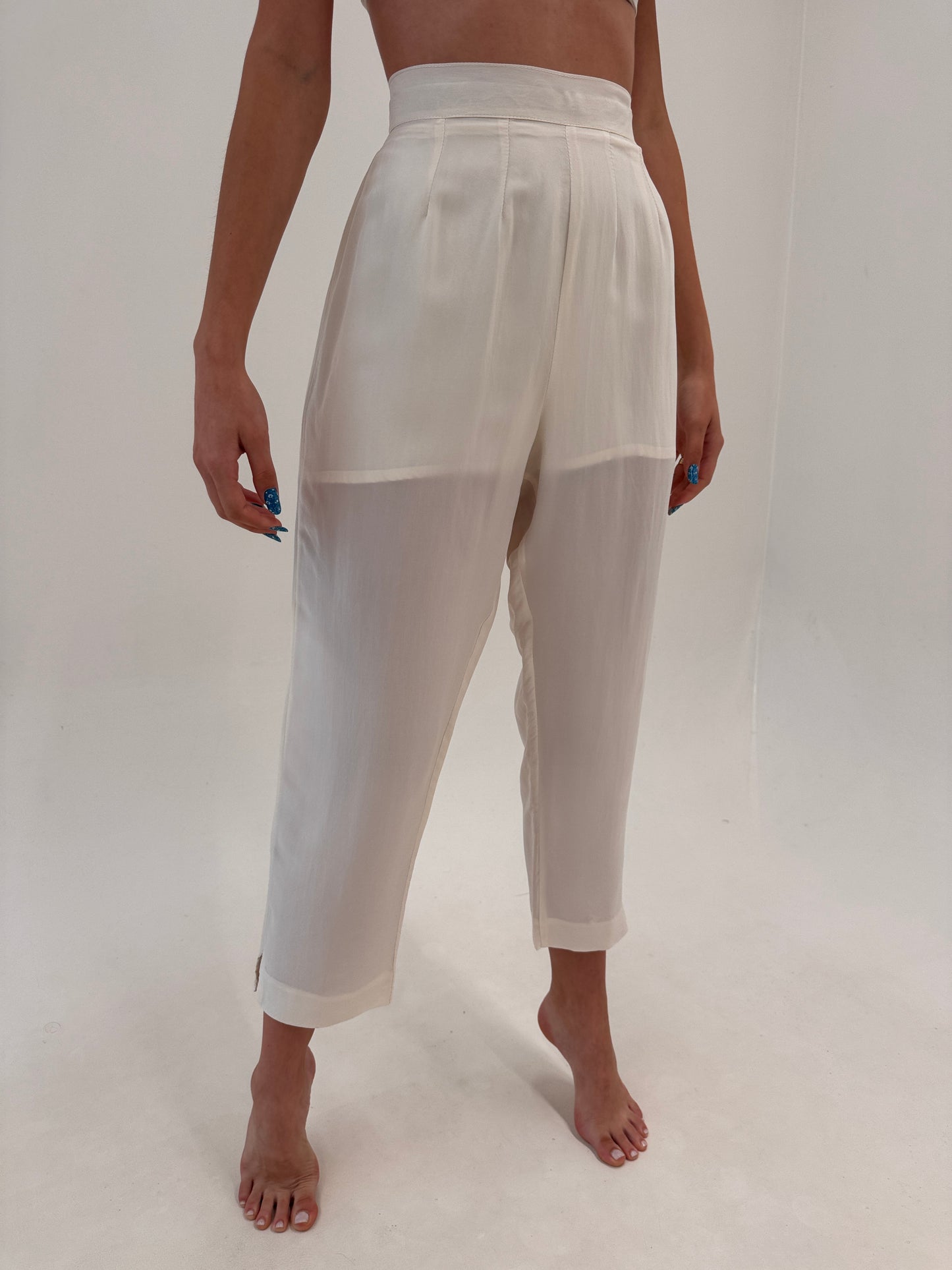 Pantaloni din mătase naturală cu talie ultra înaltă marcată interior exterior