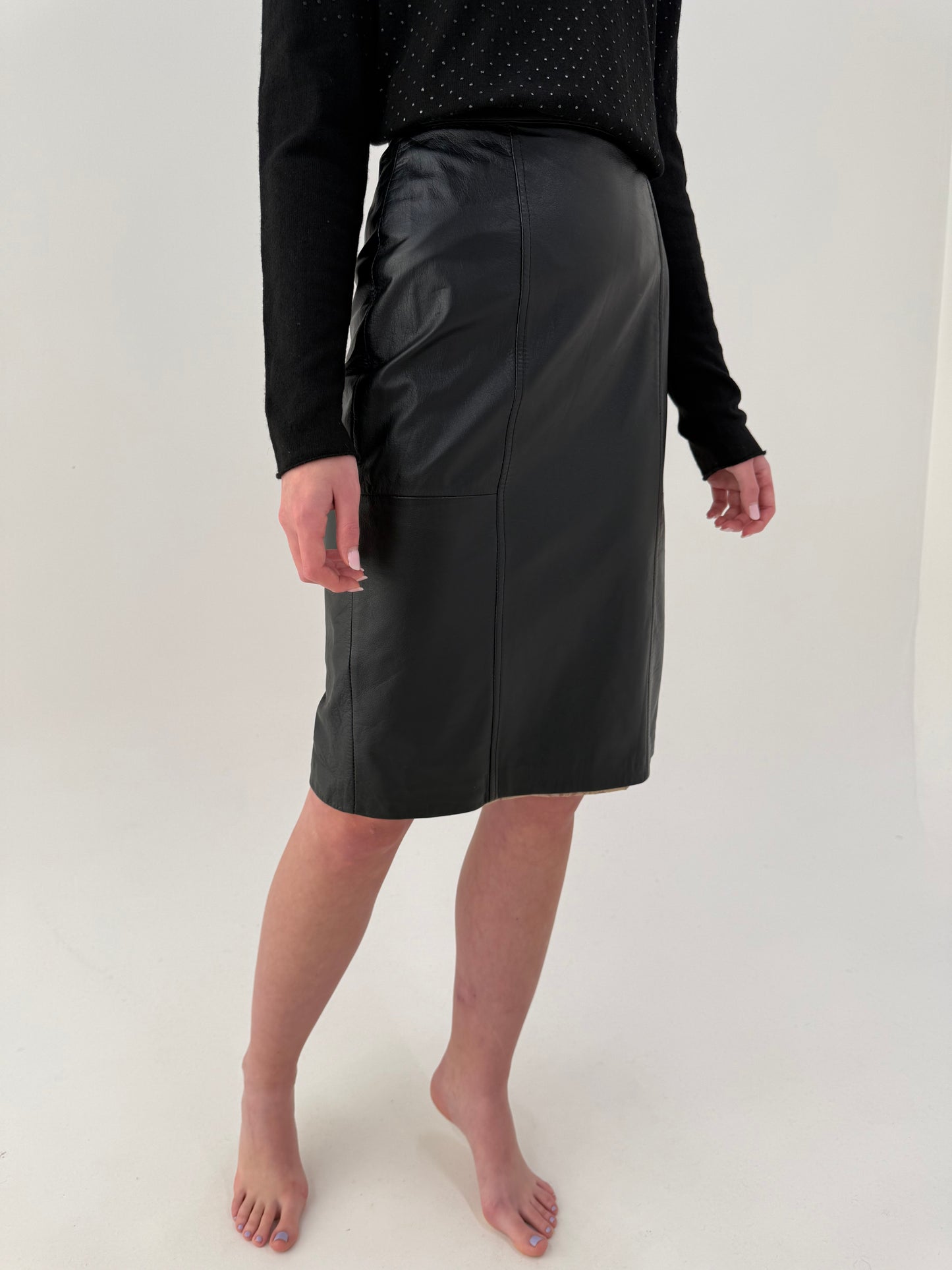 Fustă midi din piele naturală moale cu talie ultra înaltă