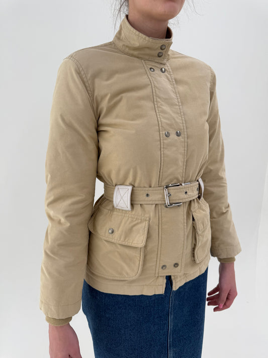 Jacheta subțire luxury Fay camel din gabardină cu talie marcată reglabilă