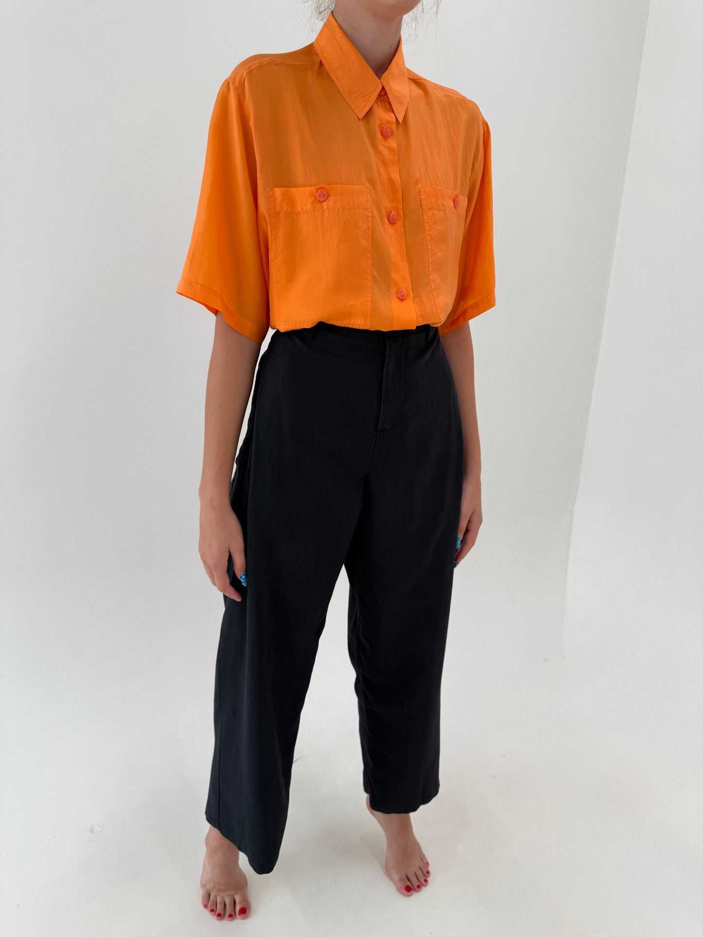 Pantaloni negri din twill de bumbac cu talie ultra înaltă și solduri generoase