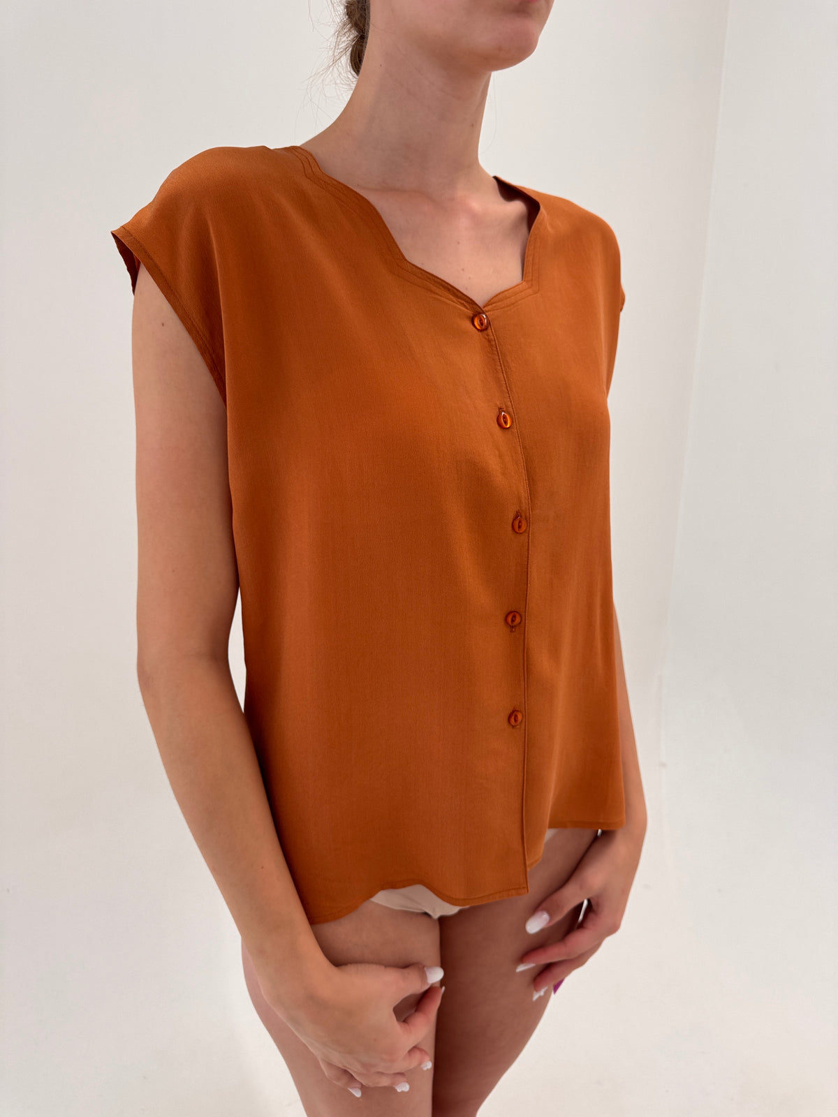 Top vintage italian caramel brown din mătase naturală în croi lejer