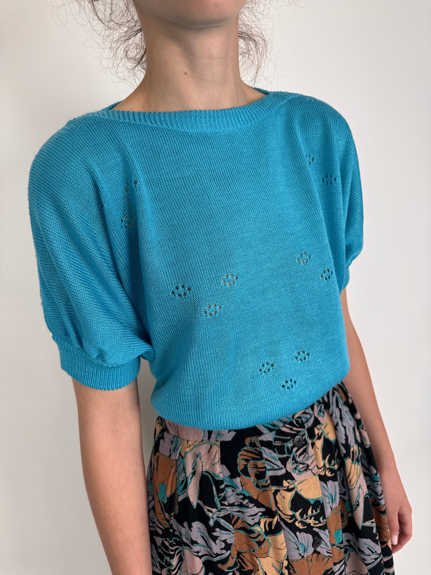Top vintage turcoaz din jerse de bumbac de gramaj mare