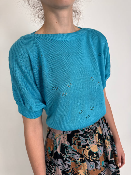 Top vintage turcoaz din jerse de bumbac de gramaj mare