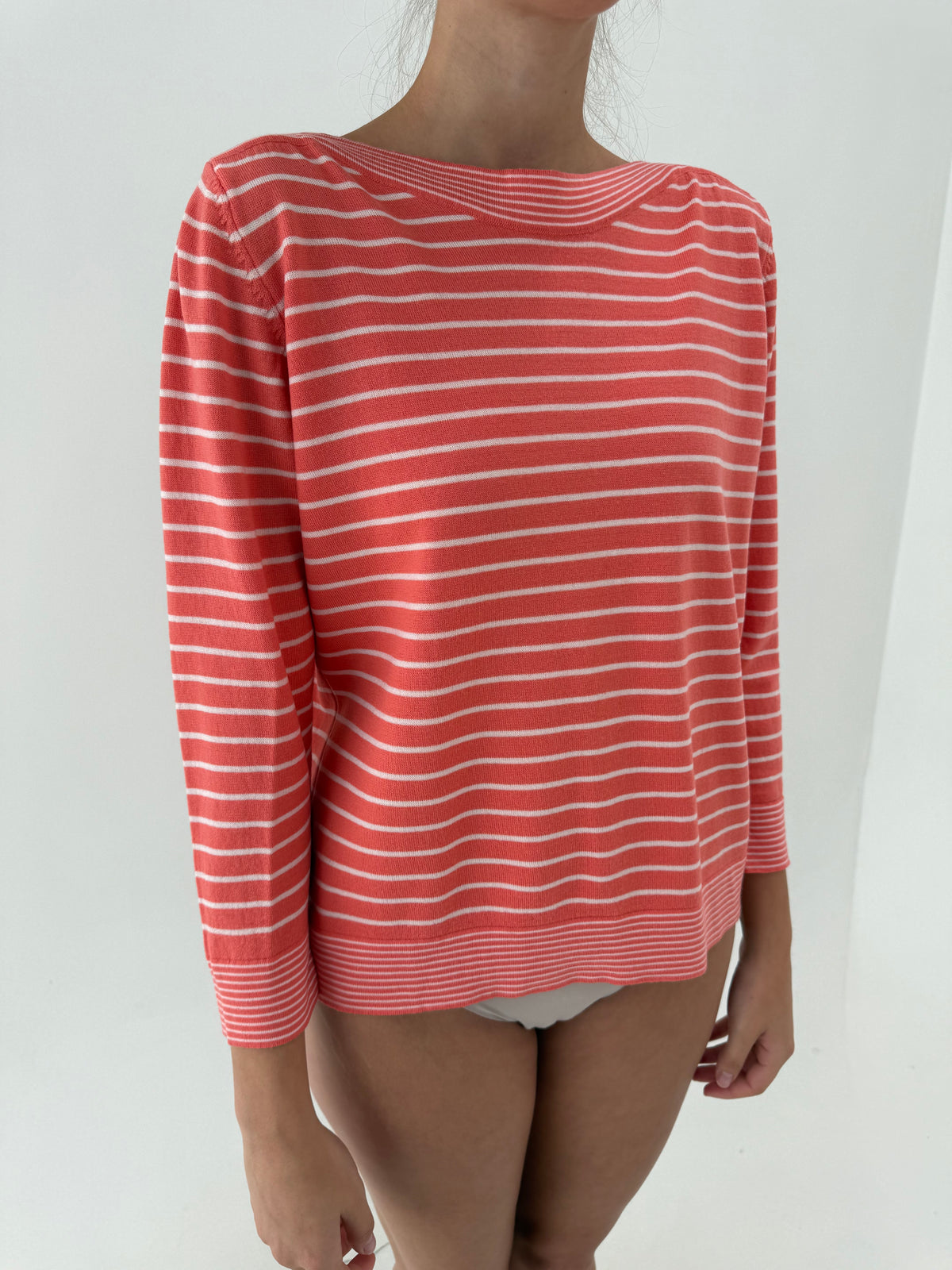 Pulover din lana merino extrafina salmon orange cu decolteu bărcuță petite
