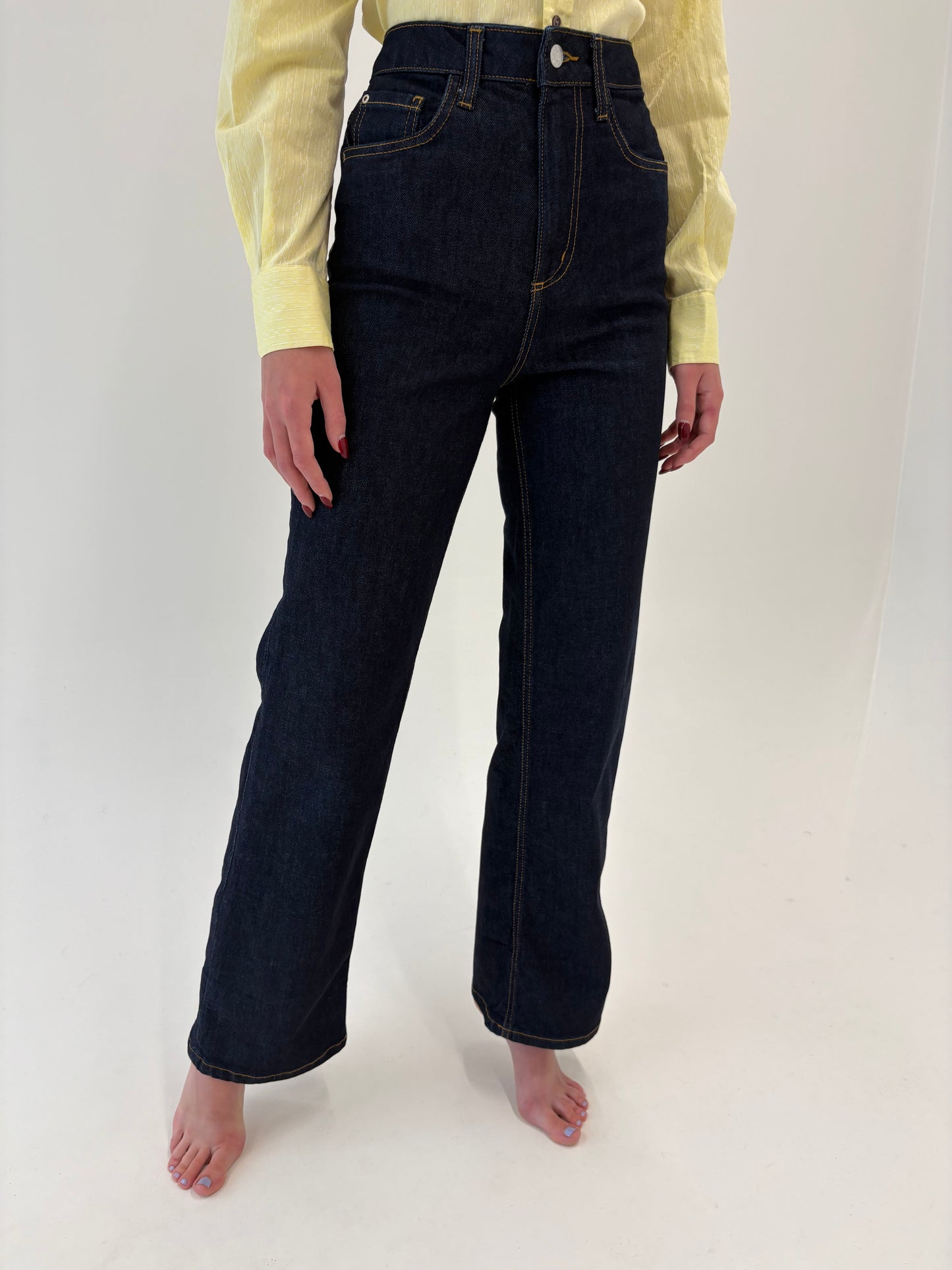 Jeans tall premium evazati dark wash modelatori cu talie ultra înaltă