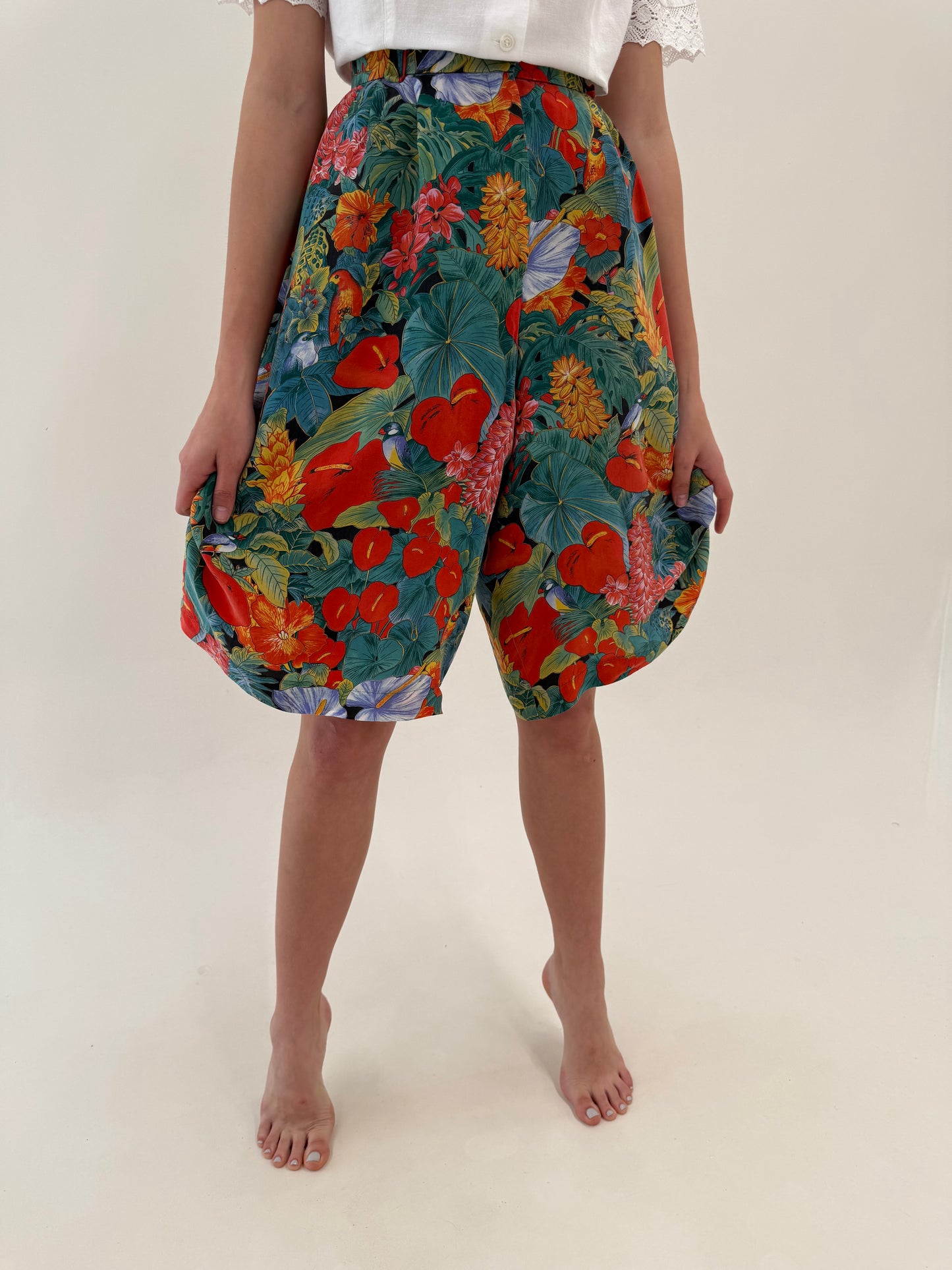 Pantaloni midi din mătase naturală cu print floral superb și talie ultra înaltă