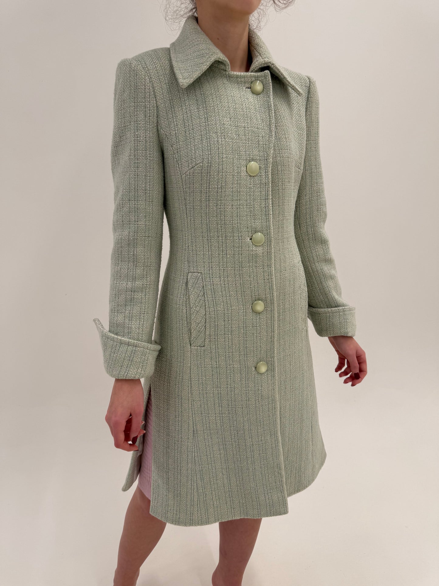 Palton vintage in stil Chanel din tweed excepțional de lana în culori pudrate