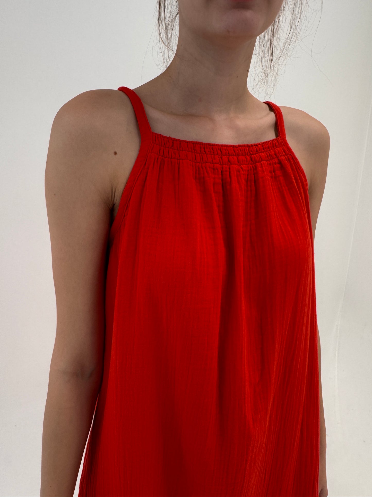 Rochie cherry red maxi din muselina de bumbac în croi lejer