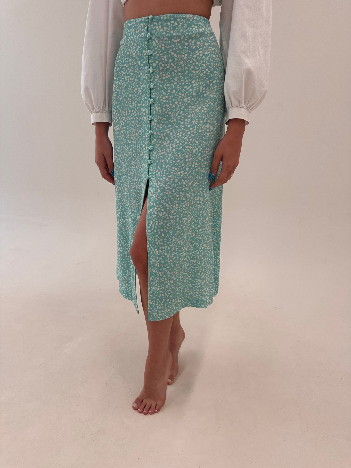 Fustă vaporoasă maxi mint green cu print delicat și talie ultra înaltă