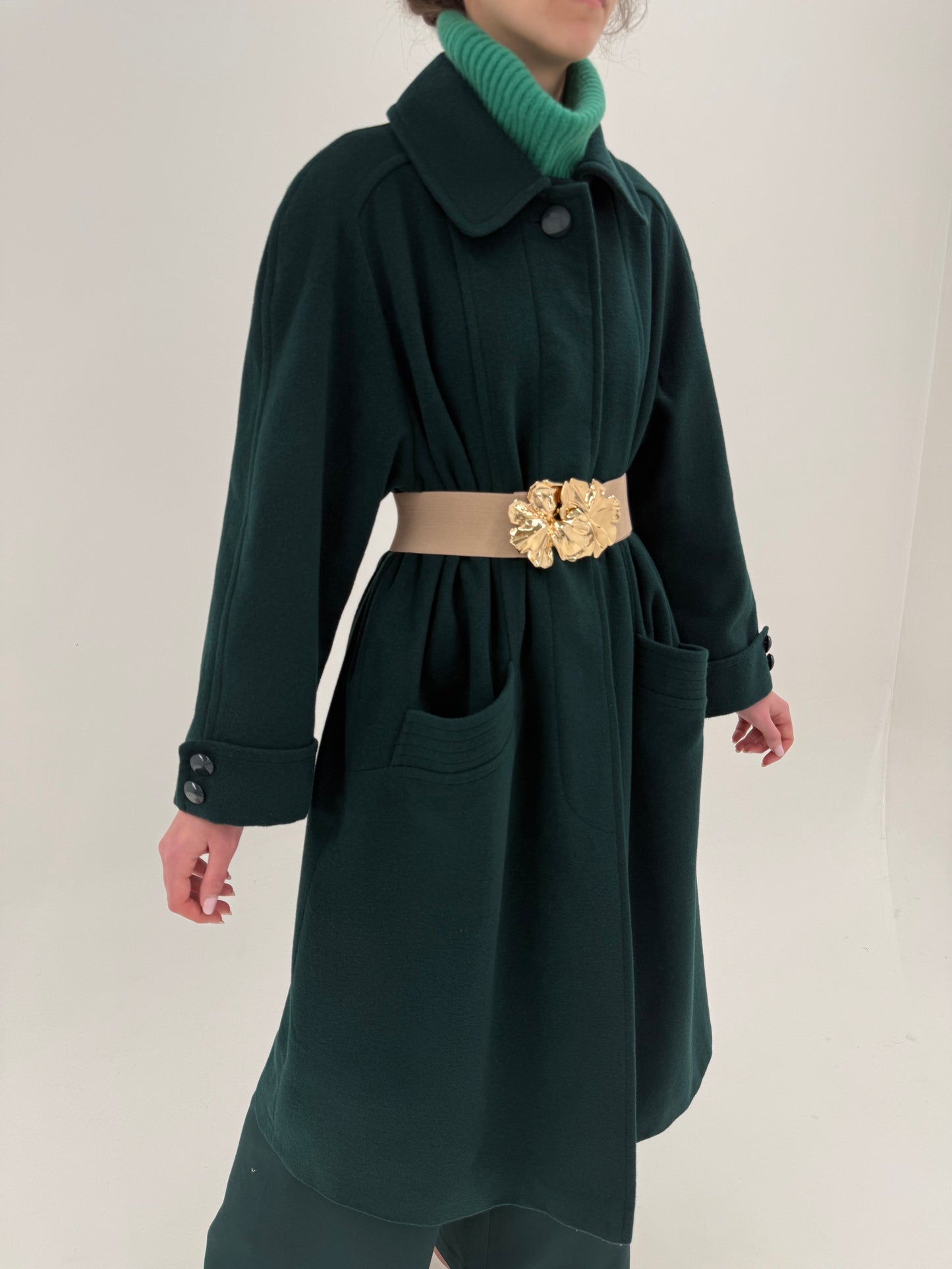 Palton în croi lung dark green din lana plină extrafina moale de lana