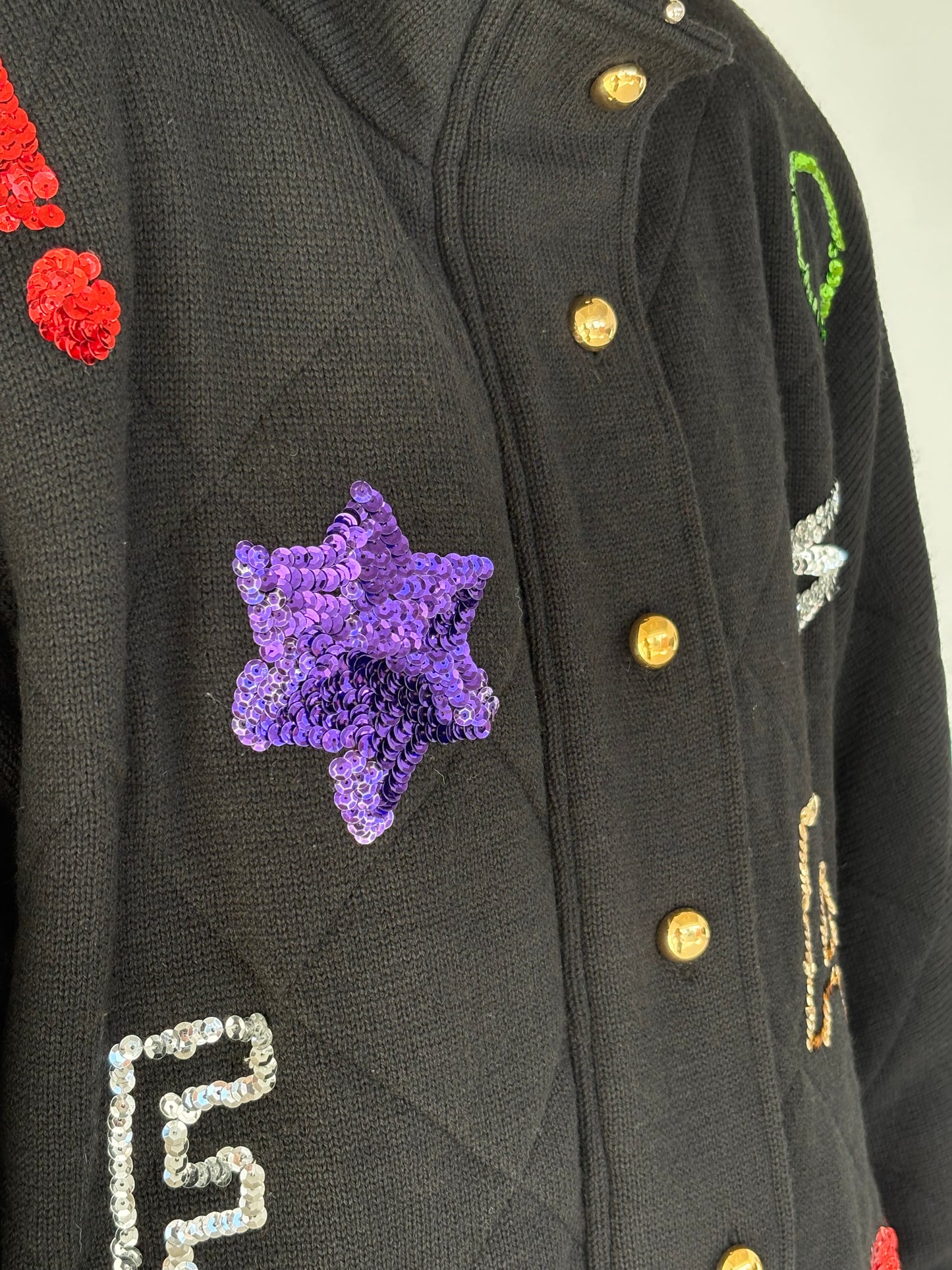 Jacheta vintage neagră groasă și lungă cu aplicații manuale din lana extrafina