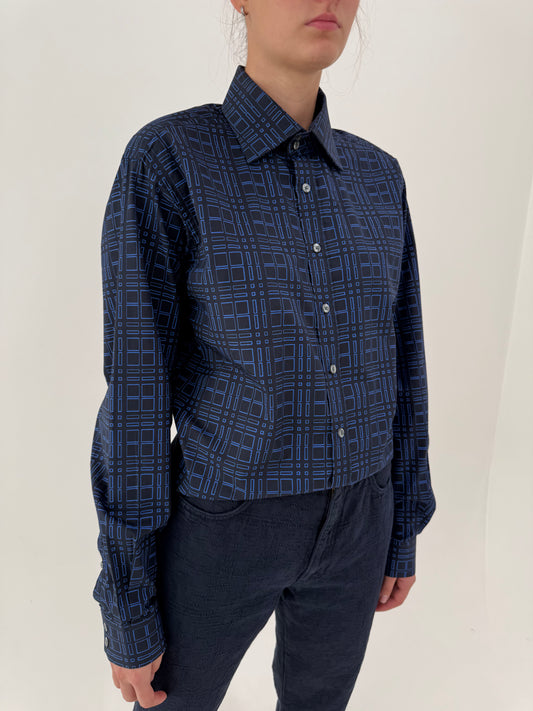 Cămașa Burberry neagră cu print geometric albastru regal cin poplin gros de bumbac