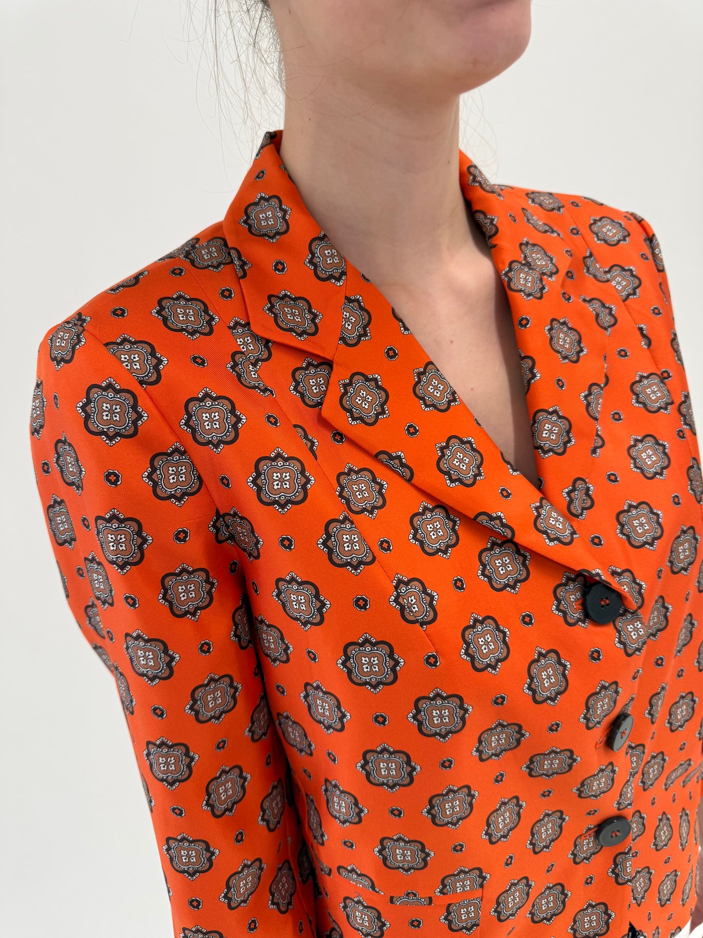 Sacou vintage couture electric orange cu print din mătase naturală