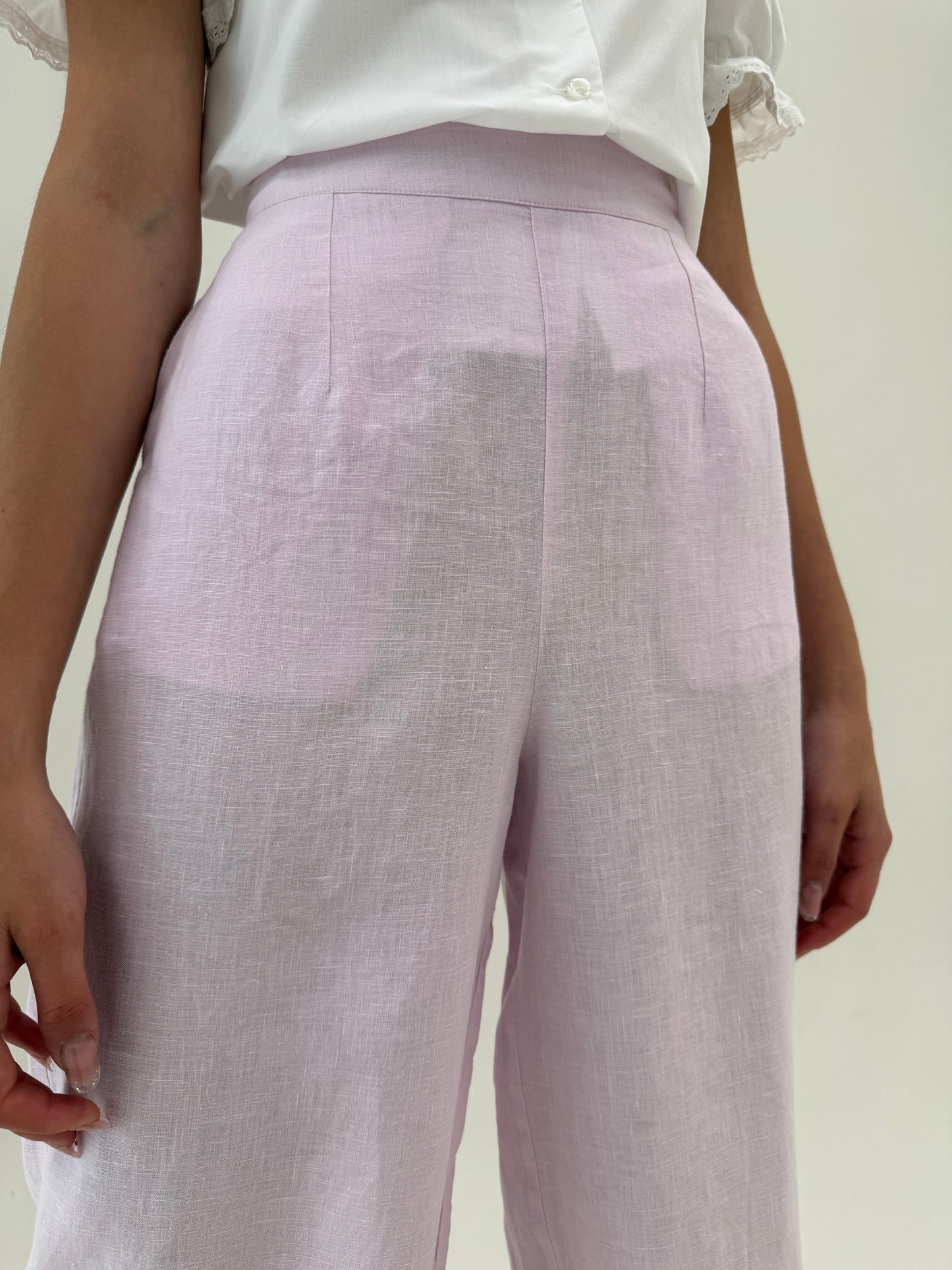 Pantaloni petite din in în croi palazzo light lavender cu talie elastică ultra înaltă