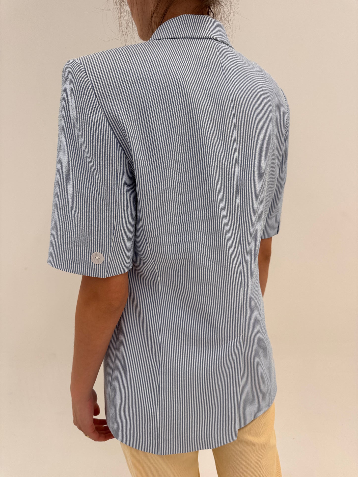 Sacou italian din bumbac premium seersucker in dungi fine Navy verticale