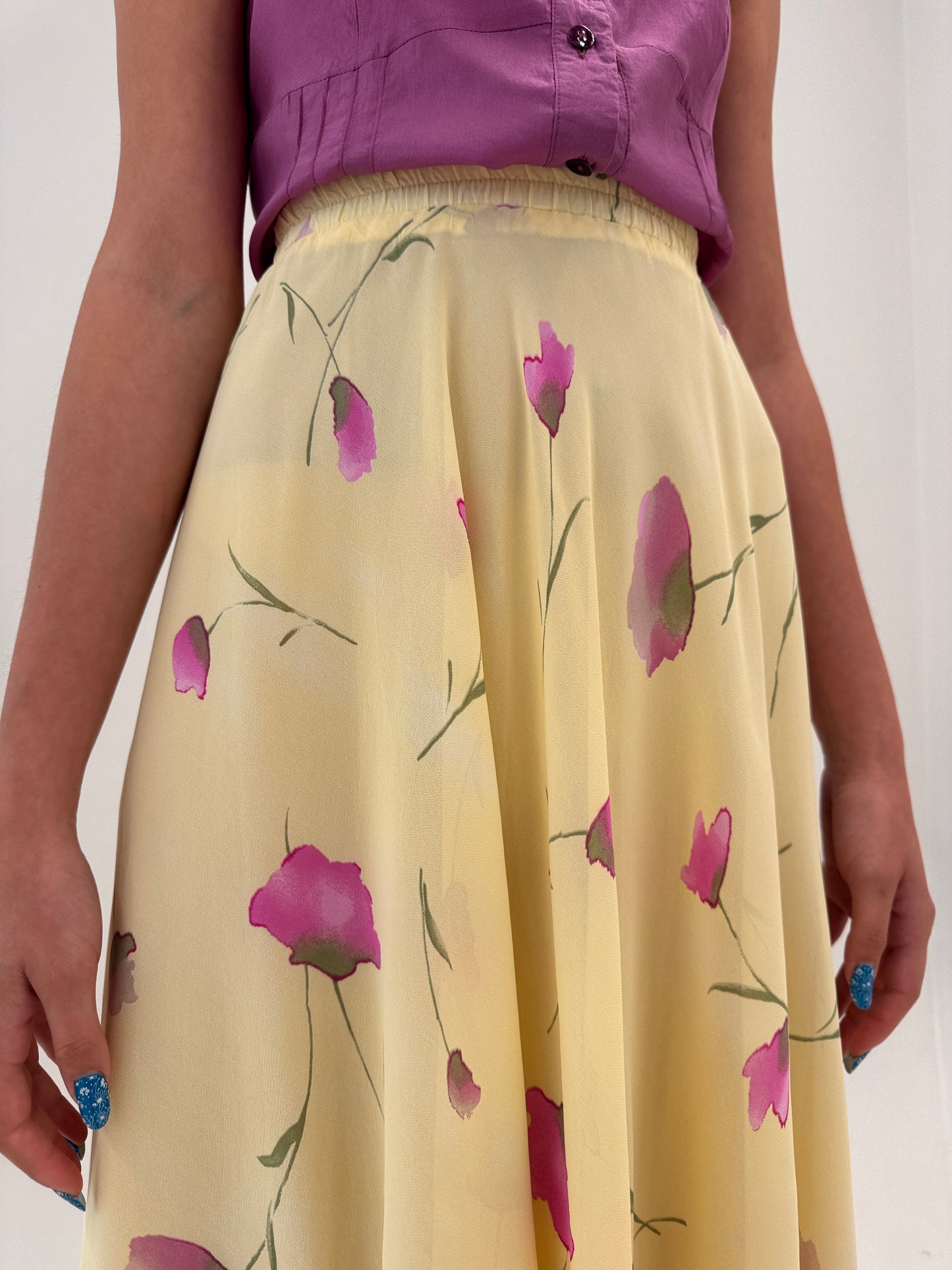 Fustă maxi butter yellow ultra amplă cu print floral delicat Barbie pink