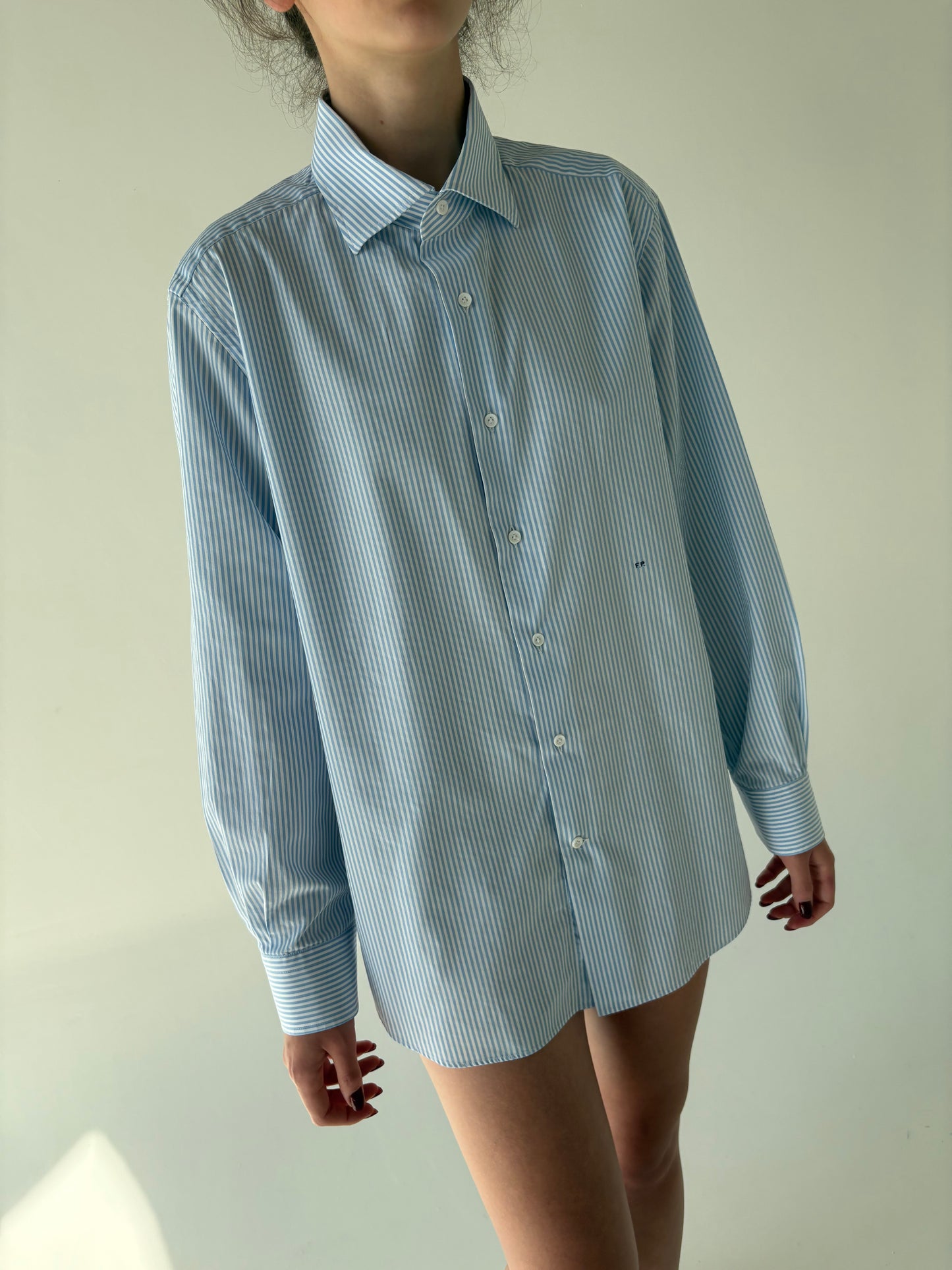 Cămașa super premium italiană în dungi baby blue din poplin excepțional