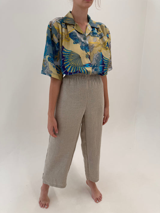 Pantaloni sand nude din pânză grea excepțională de in cu talie elastică ultra înaltă