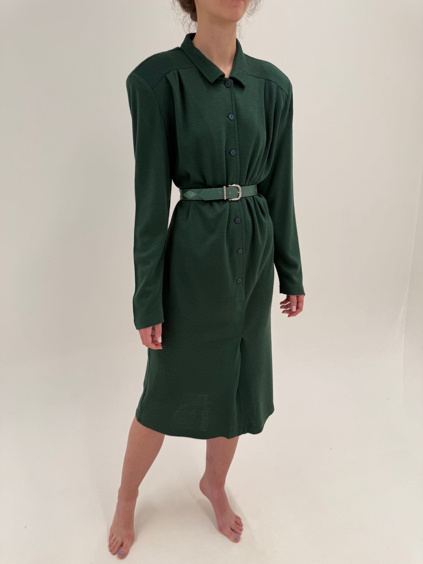 Robe-chemise old vintage anii 80 forest green din lana extrafina