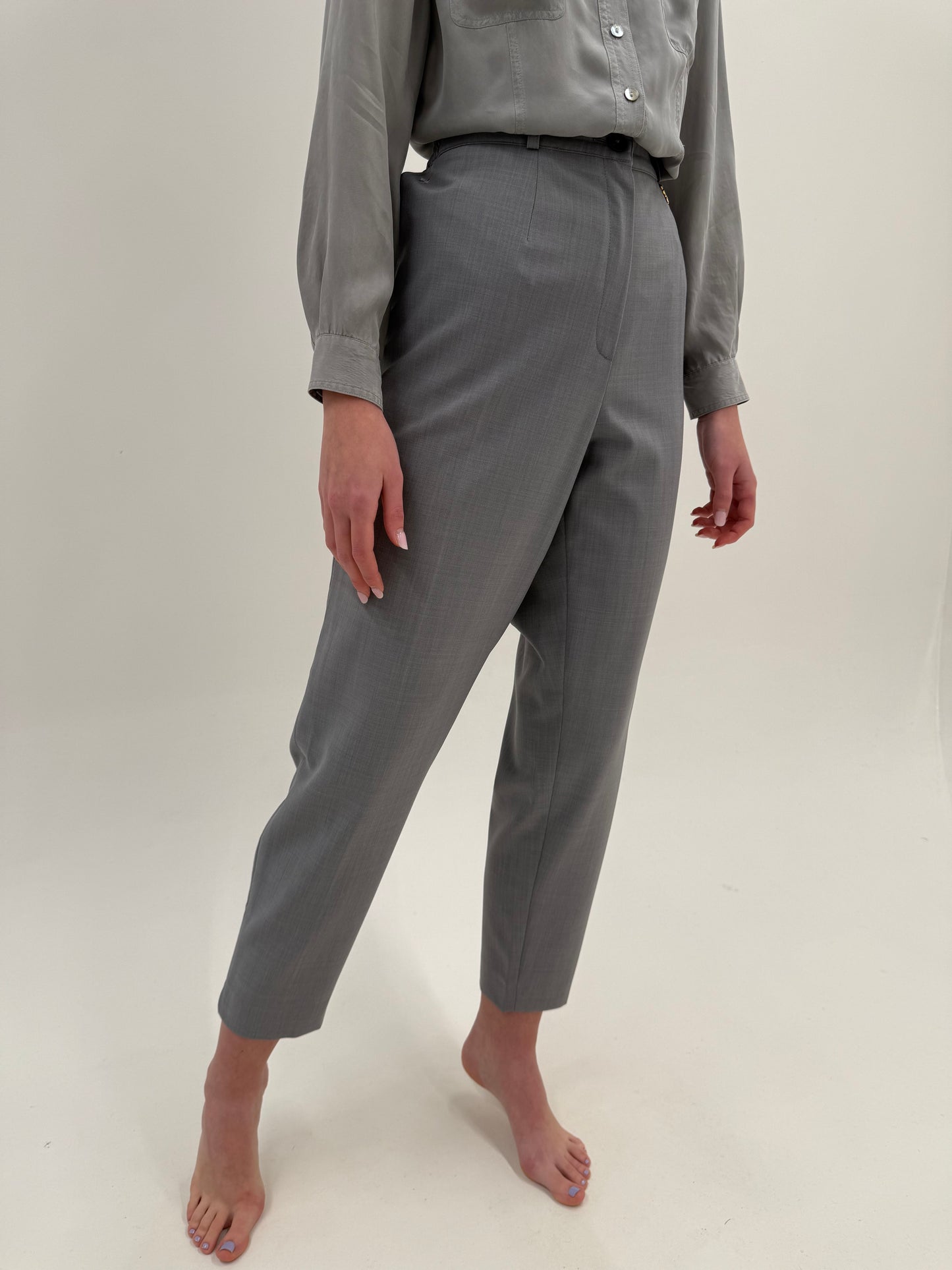 Pantaloni silver gray din lana extrafina confort cu talie ultra înaltă