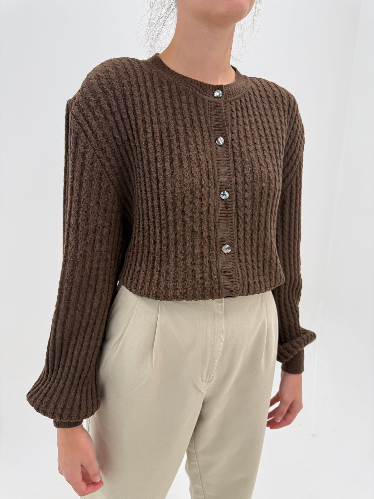 Cardigan high end italian cu torsade din lana extrafina chocolate brown