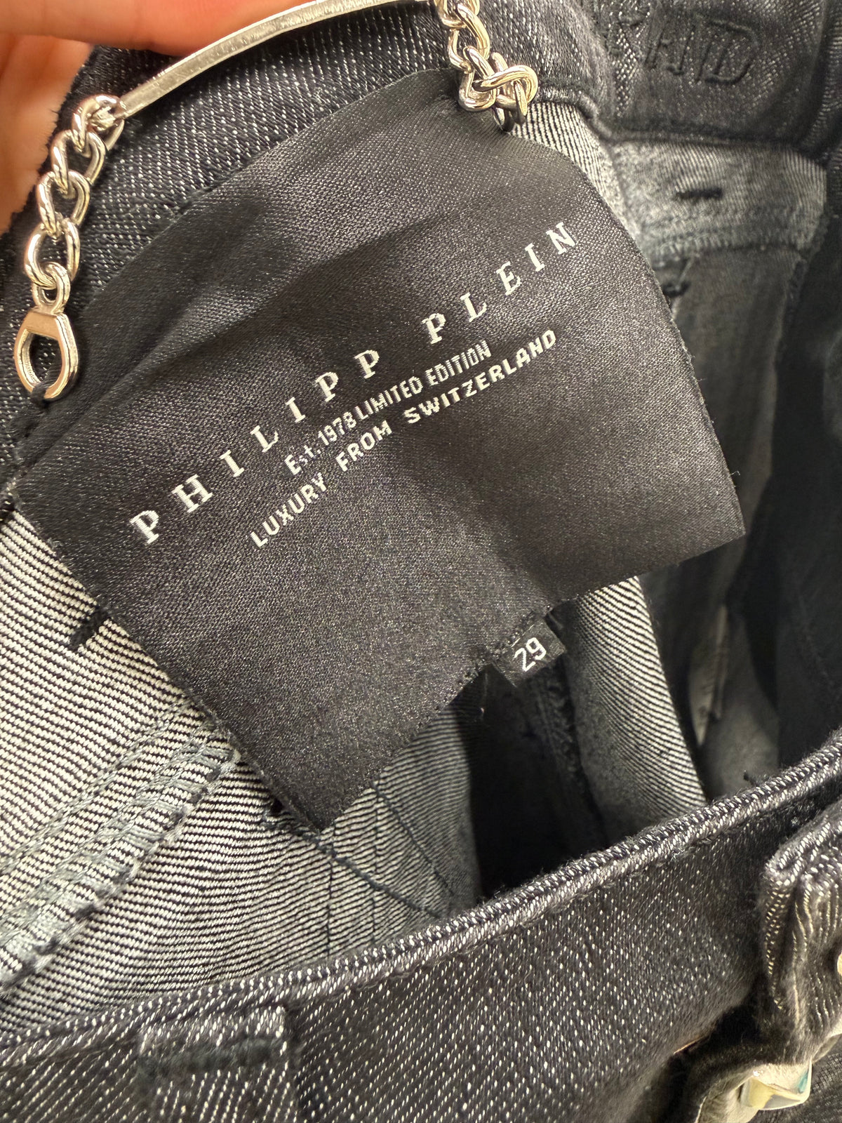 Jeans Phillip Plein couture luxury straight leg tall cu influențe punk dark wash