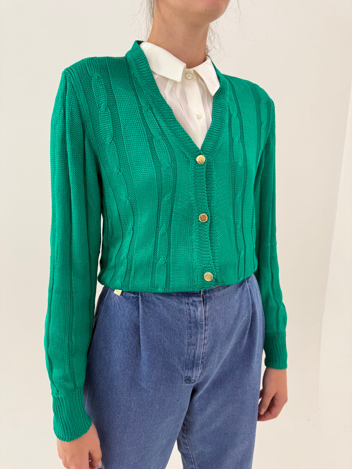 Cardigan vintage emerald green din bumbac satinat mercerizat excepțional