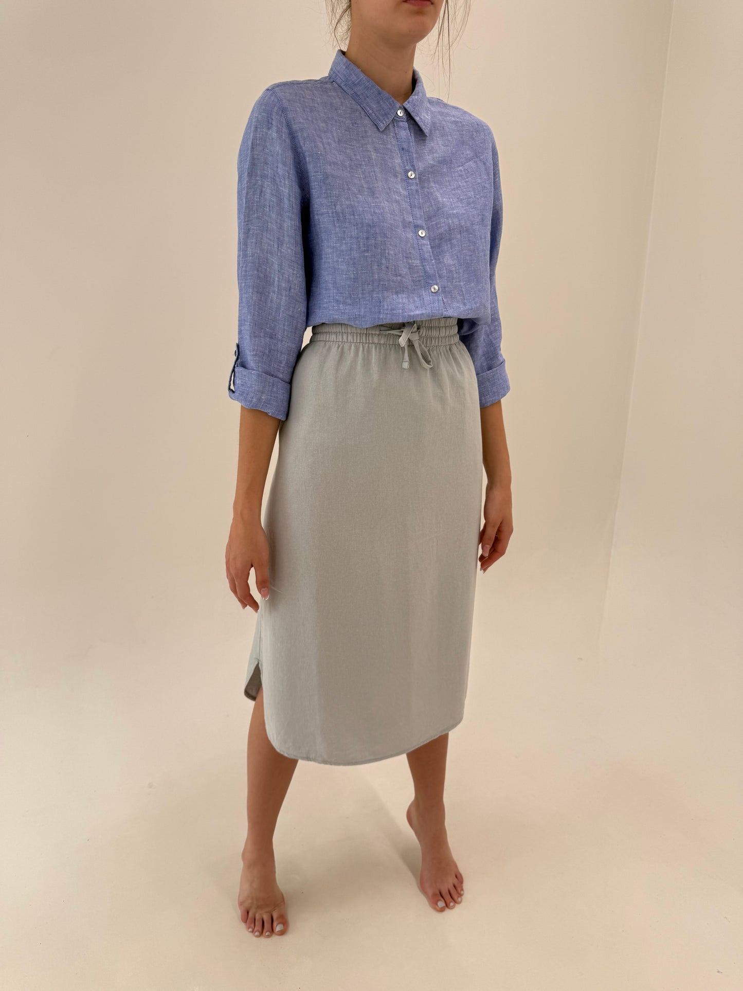 Fustă midi cu influențe casual din pânză de in cu vascoza silver gray